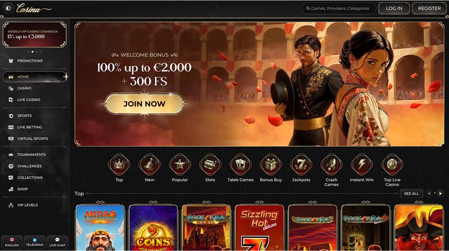 Homepage del lobby di Casina Casino con bonus di benvenuto