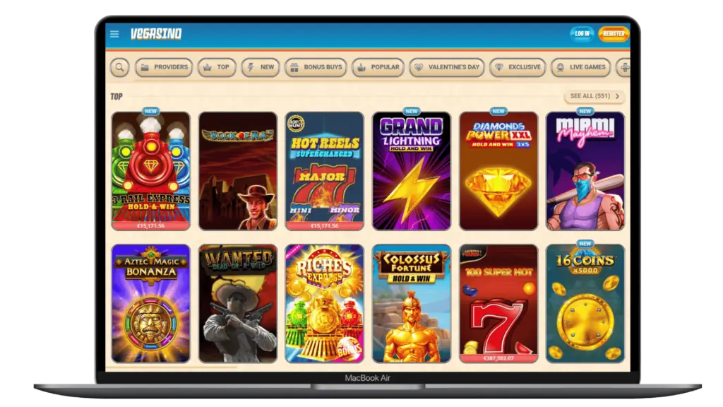 Interfaccia del lobby giochi di Vegasino Casino su laptop